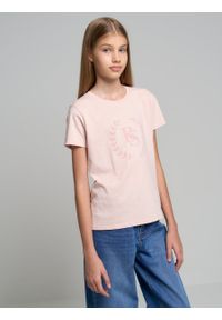 Big-Star - Koszulka dziewczęca różowa Courtney 600. Kolor: różowy. Materiał: dresówka, bawełna, tkanina, materiał. Wzór: aplikacja, nadruk. Styl: klasyczny