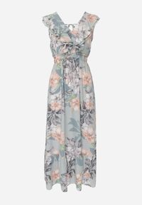 Renee - Miętowa Rozkloszowana Sukienka w Kwiatowy Wzór z Falbanami i Wiązaniem Kerna. Typ kołnierza: kołnierz z falbankami. Kolor: miętowy. Materiał: materiał. Długość rękawa: bez rękawów. Wzór: kwiaty. Długość: maxi #8