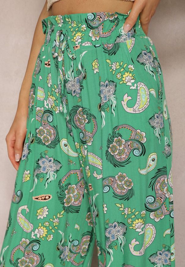 Renee - Zielone Bawełniane Spodnie Boho w Stylu Palazzo z Gumką w Pasie i Wysokim Stanem Pravia. Okazja: na co dzień. Stan: podwyższony. Kolor: zielony. Materiał: bawełna. Styl: boho