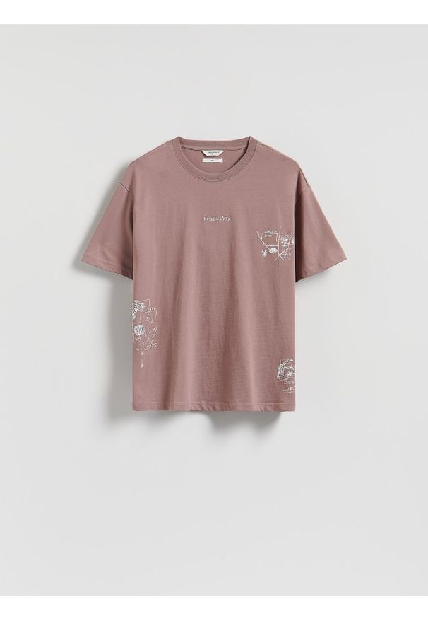 Reserved - T-shirt boxy z nadrukiem - różowy. Kolor: różowy. Materiał: bawełna, dzianina. Wzór: nadruk