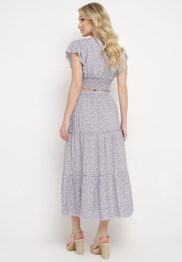 Born2be - Fioletowy Komplet Bluzka z Kopertowym Dekoltem i Rozkloszowaną Spódnicą Myxia. Kolor: fioletowy. Materiał: bawełna