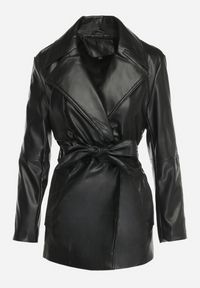 Born2be - Czarna Kurtka Płaszcz z Ekoskóry Taliowana z Paskiem Pilvia. Kolor: czarny #7