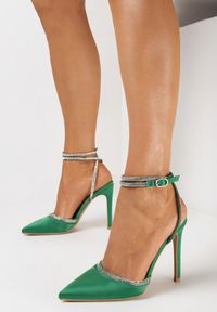 Born2be - Zielone Sandały na Szpilce Ozdobione Drobnymi Cyrkoniami Nolsara. Kolor: zielony. Wzór: aplikacja. Obcas: na szpilce #4