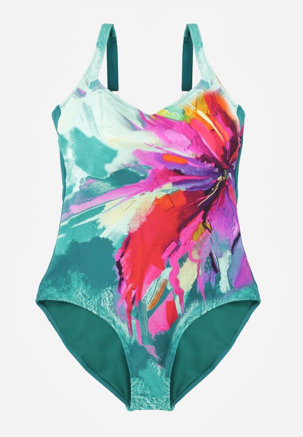 Born2be - Zielony Gładki Strój Kąpielowy Jednoczęściowy z Akwarelowym Printem Amalidoe. Kolor: zielony. Materiał: len. Wzór: nadruk, gładki