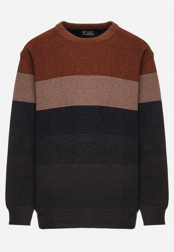 Born2be - Brązowo-Granatowy Sweter z Wełną w Paski Ettarine. Okazja: na co dzień. Kolekcja: plus size. Kolor: brązowy. Materiał: wełna. Wzór: paski. Styl: klasyczny, casual, elegancki