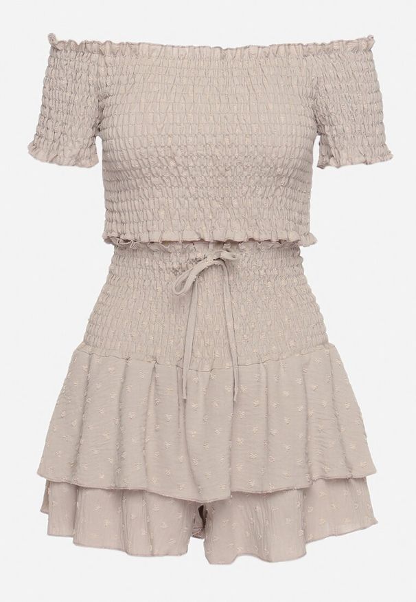 Born2be - Beżowy Komplet Top w Stylu Hiszpanki i Spódnico-Szorty z Gumką Quillatta. Kolor: beżowy. Wzór: aplikacja