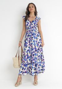 Born2be - Fioletowo-Niebieska Wiskozowa Sukienka Maxi z Kopertowym Dekoltem i Gumką w Talii Erian. Kolor: fioletowy. Materiał: wiskoza. Długość rękawa: bez rękawów. Wzór: kwiaty. Sezon: wiosna, lato. Typ sukienki: kopertowe. Długość: maxi #2