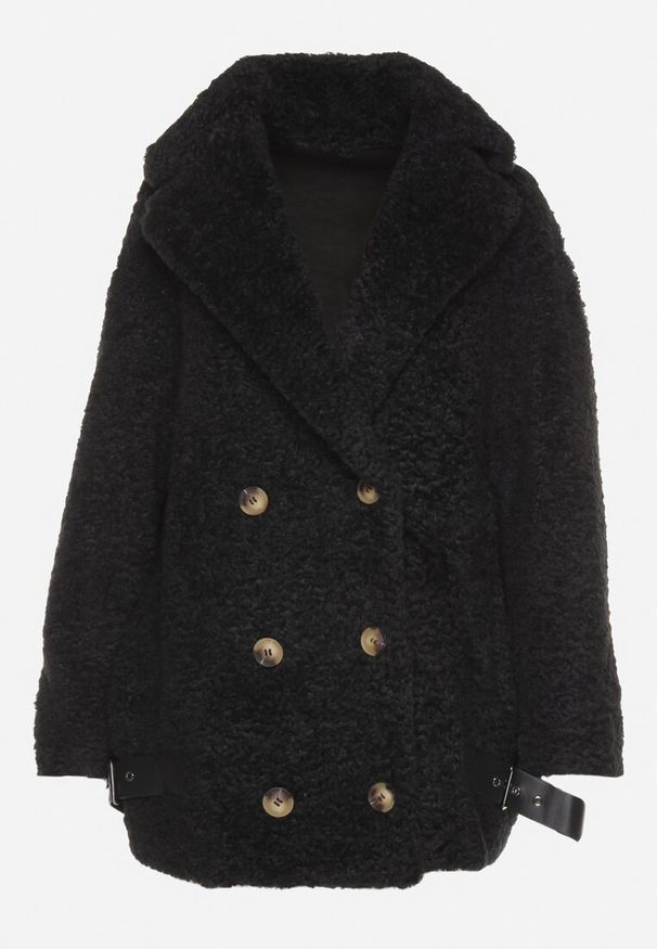 Born2be - Czarna Kurtka z Futerka Typu Baranek o Dwurzędowym Kroju z Ozdobnymi Paskami Nikina. Okazja: na co dzień. Kolor: czarny. Materiał: futro. Styl: elegancki, casual