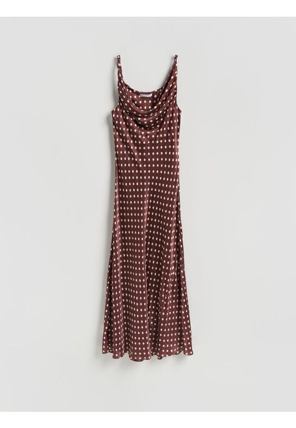 Reserved - Sukienka midi w groszki - brązowy. Kolor: brązowy. Materiał: wiskoza. Wzór: grochy. Typ sukienki: proste. Długość: midi