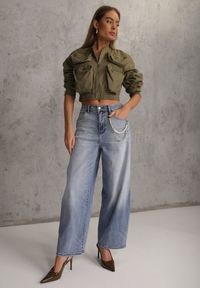 Renee - Niebieskie Szerokie Jeansy High Waist z Łańcuchem Kassania. Stan: podwyższony. Kolor: niebieski. Wzór: aplikacja #1