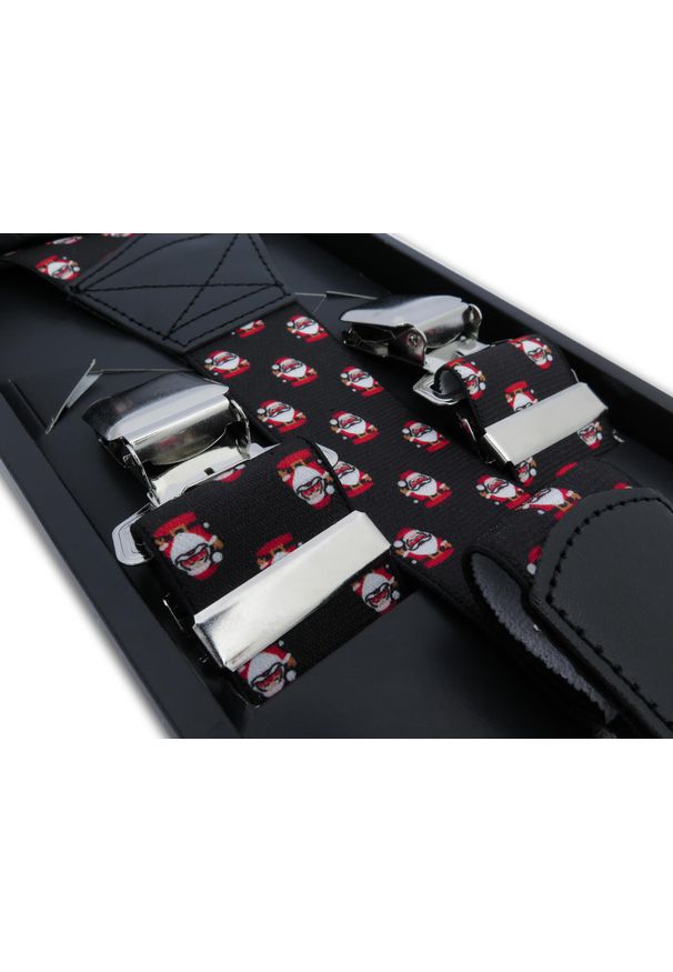 Modini - Czarne szelki w świąteczny wzór - Mikołaje SZ131. Kolor: czarny. Materiał: skóra, guma