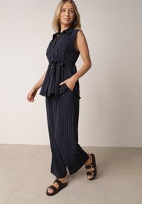 Born2be - Granatowy Wiskozowy Komplet Szerokie Spodnie i Koszula Bez Rękawów z Wiązaniem Zanran. Kolor: niebieski. Materiał: wiskoza #6