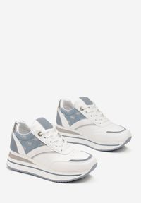 Born2be - Biało-Niebieskie Sneakersy na Grubej Podeszwie Zdobione Brokatem i Naszywkami Gevia. Okazja: na co dzień. Kolor: biały. Wzór: aplikacja #4