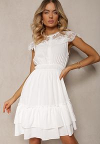 Renee - Biała Rozkloszowana Sukienka Midi z Gumką w Talii i Koronkowym Dekoltem Panita. Kolor: biały. Materiał: koronka. Styl: boho. Długość: midi #4