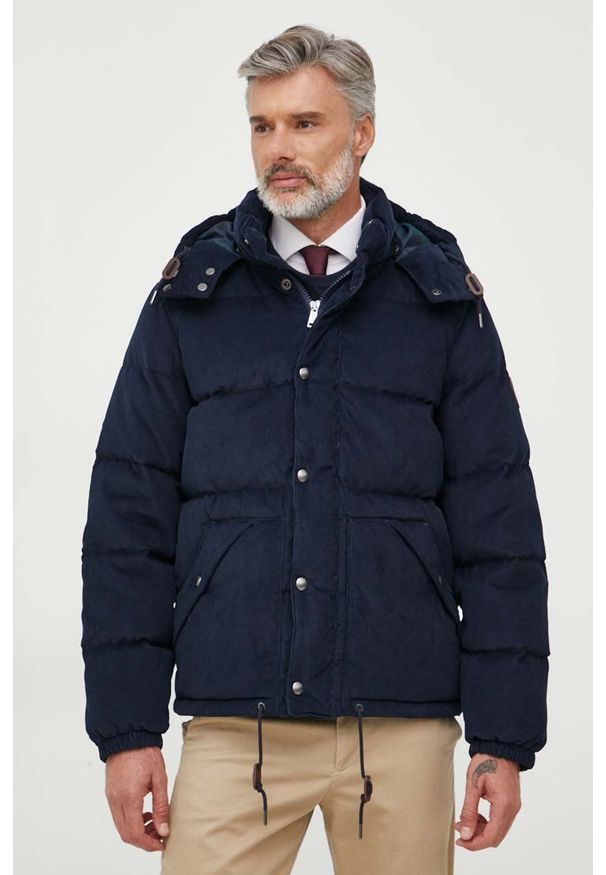 Polo Ralph Lauren kurtka sztruksowa puchowa kolor granatowy zimowa. Typ kołnierza: polo. Kolor: niebieski. Materiał: puch, sztruks. Sezon: zima