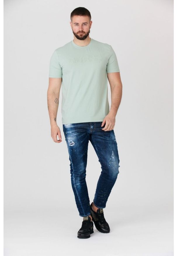 Guess - GUESS Pistacjowy t-shirt męski z wytłaczanym logo, Rozmiar M. Kolor: zielony. Wzór: aplikacja