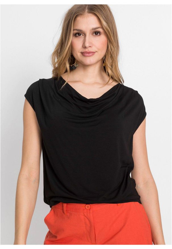 bonprix - Bluzka kaskadowa z mieszanki wiskozy. Typ kołnierza: dekolt woda. Kolor: czarny. Materiał: wiskoza