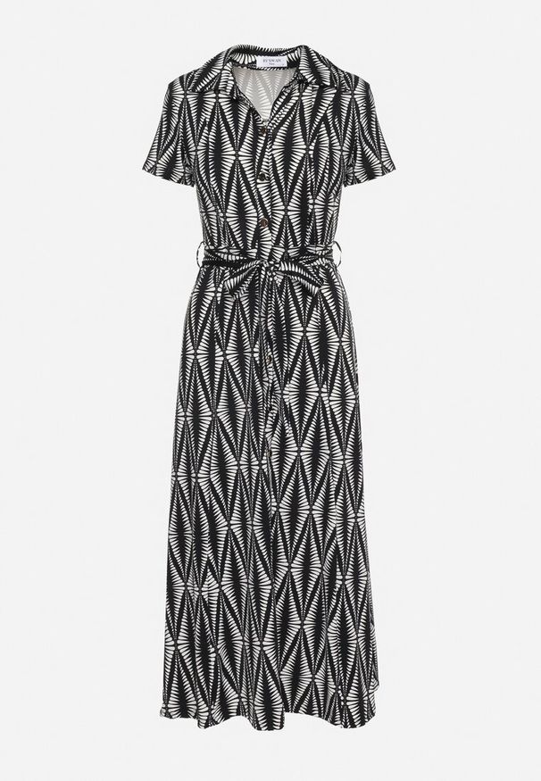 Born2be - Czarna Sukienka Koszulowa w Geometryczny Wzór Zapinana na Guziki z Materiałowym Paskiem Thilea. Okazja: na spotkanie biznesowe. Kolor: czarny. Materiał: materiał. Wzór: geometria. Typ sukienki: koszulowe. Styl: biznesowy