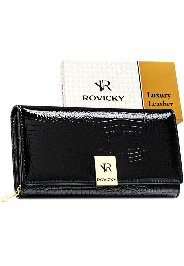 ROVICKY - Duży, czarny, lakierowany portfel damski ze skóry naturalnej zamykany na zatrzask RH-20A-1-RS Rovicky. Kolor: czarny. Materiał: skóra, lakier