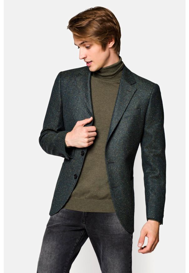 Lancerto - Marynarka Zielona Hekla. Kolor: zielony. Materiał: nylon, wiskoza, wełna, tkanina, syntetyk, jedwab, poliamid. Wzór: melanż. Styl: klasyczny