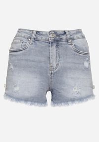 Born2be - Niebieskie Szorty Jeansowe z Wysokim Stanem Zdobione Przetarciami i Cyrkoniami Radelli. Okazja: na co dzień. Stan: podwyższony. Kolor: niebieski. Materiał: jeans. Wzór: aplikacja. Styl: klasyczny, casual, elegancki #3