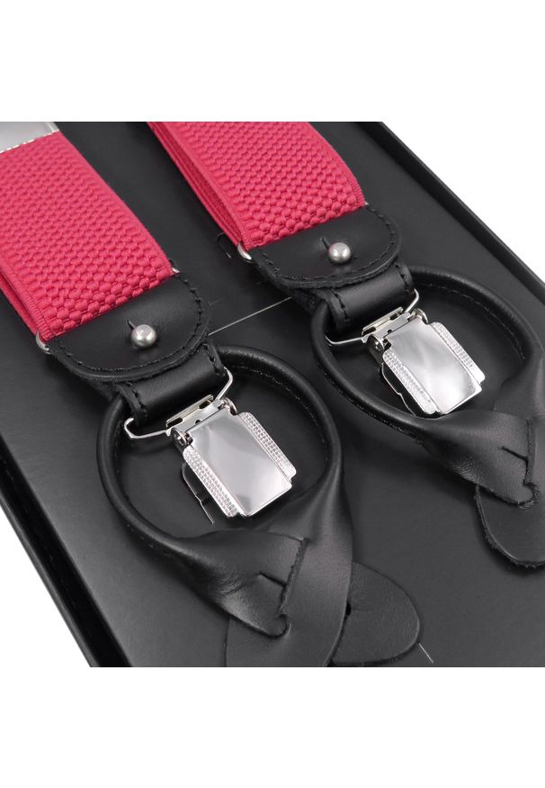 Modini - Amarantowe szelki męskie na guziki G49. Kolor: różowy. Materiał: skóra, guma