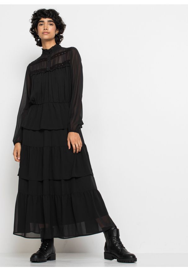bonprix - Długa sukienka szyfonowa z falbanami. Kolor: czarny. Materiał: szyfon. Długość: maxi