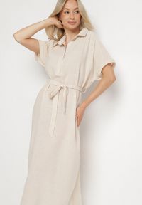 Born2be - Beżowa Sukienka z Wiskozy o Koszulowym Kroju z Wiązanym Paskiem Danisna. Okazja: na co dzień. Kolor: beżowy. Materiał: wiskoza. Długość rękawa: krótki rękaw. Wzór: aplikacja. Typ sukienki: koszulowe. Styl: elegancki, casual, klasyczny. Długość: midi #4