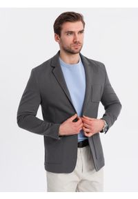 Ombre Clothing - Męska marynarka SLIM z dzianiny o subtelnej strukturze – grafitowa V1 - Rozmiar: M. Okazja: do pracy. Kolor: szary. Materiał: dzianina. Wzór: kolorowy. Styl: klasyczny #11
