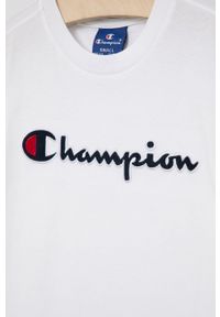 Champion T-shirt bawełniany dziecięcy kolor biały z aplikacją. Okazja: na co dzień. Kolor: biały. Materiał: bawełna. Wzór: aplikacja. Styl: casual