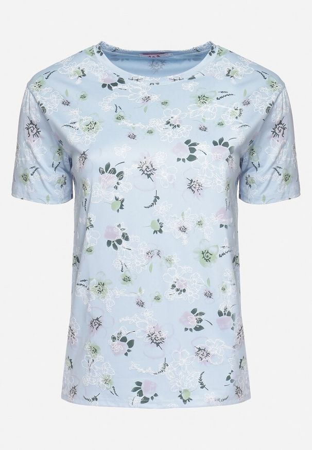 Born2be - Niebieski T-shirt Koszulka z Krótkim Rękawem w Kwiaty Nleessa. Okazja: na co dzień. Kolekcja: plus size. Kolor: niebieski. Materiał: jeans. Długość rękawa: krótki rękaw. Długość: krótkie. Wzór: kwiaty. Styl: elegancki, casual