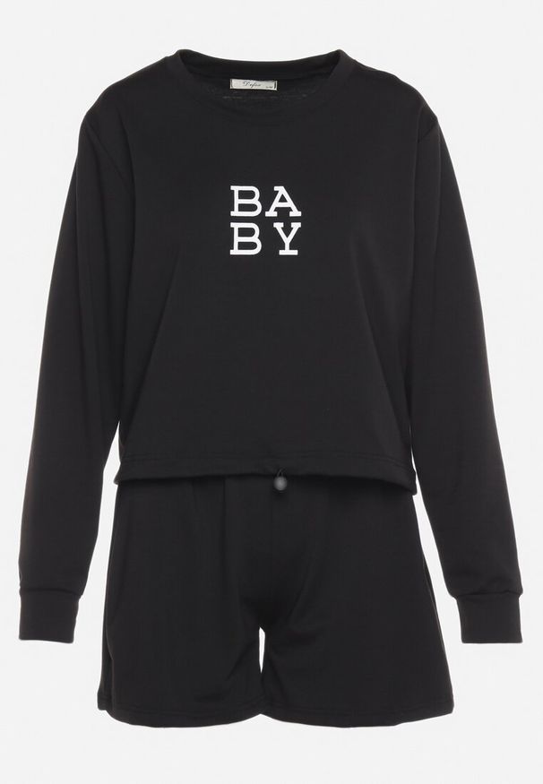 Born2be - Czarny 2-Częściowy Komplet Dresowy Bluza z Nadrukiem i Luźne Szorty z Kieszeniami Ridana. Kolor: czarny. Materiał: dresówka. Wzór: nadruk