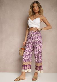 Renee - Fioletowe Spodnie z Bawełny High Waist z Abstrakcyjnym Wzorem Lisathiela. Okazja: na co dzień. Stan: podwyższony. Kolor: fioletowy. Materiał: bawełna. Styl: casual