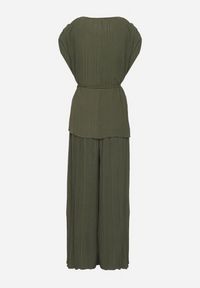 Born2be - Ciemnozielony Komplet Bluzka z Wiązanym Paskiem i Szerokie Spodnie Dolarea. Kolor: zielony. Wzór: aplikacja #6