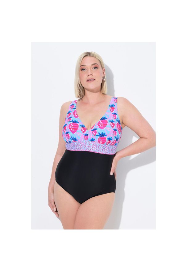 ULLA POPKEN - Damski Strój kąpielowy truskawki ozdobna wstążka miękkie miseczki z recyklingu. Kolekcja: plus size. Kolor: czarny. Materiał: elastan, poliamid, materiał