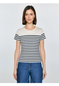 Big-Star - Koszulka damska w paski granatowo-beżowa Norisa 403. Okazja: na co dzień. Kolor: niebieski. Materiał: dzianina, jeans, materiał. Wzór: paski. Styl: casual #9