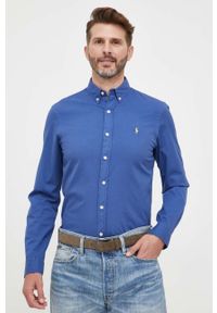 Polo Ralph Lauren koszula bawełniana męska kolor niebieski slim z kołnierzykiem button-down. Okazja: na co dzień. Typ kołnierza: button down, polo. Kolor: niebieski. Materiał: bawełna. Wzór: aplikacja. Styl: casual