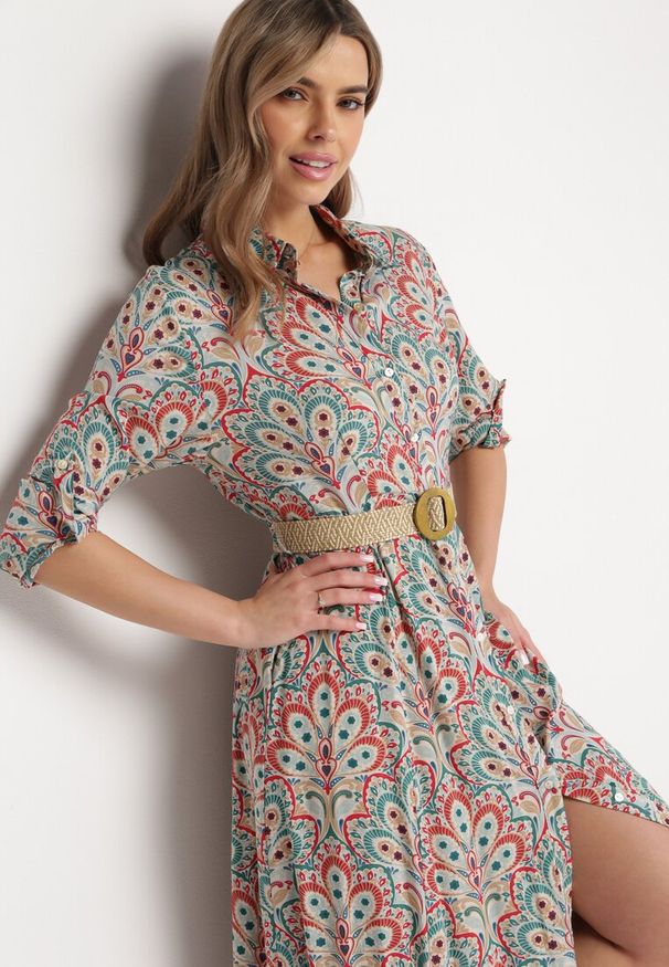 Born2be - Czerwono-Niebieska Sukienka z Guzikami i Plecionym Paskiem z Klamrą Aralty. Kolor: zielony. Długość rękawa: długi rękaw. Sezon: wiosna, lato. Typ sukienki: koszulowe