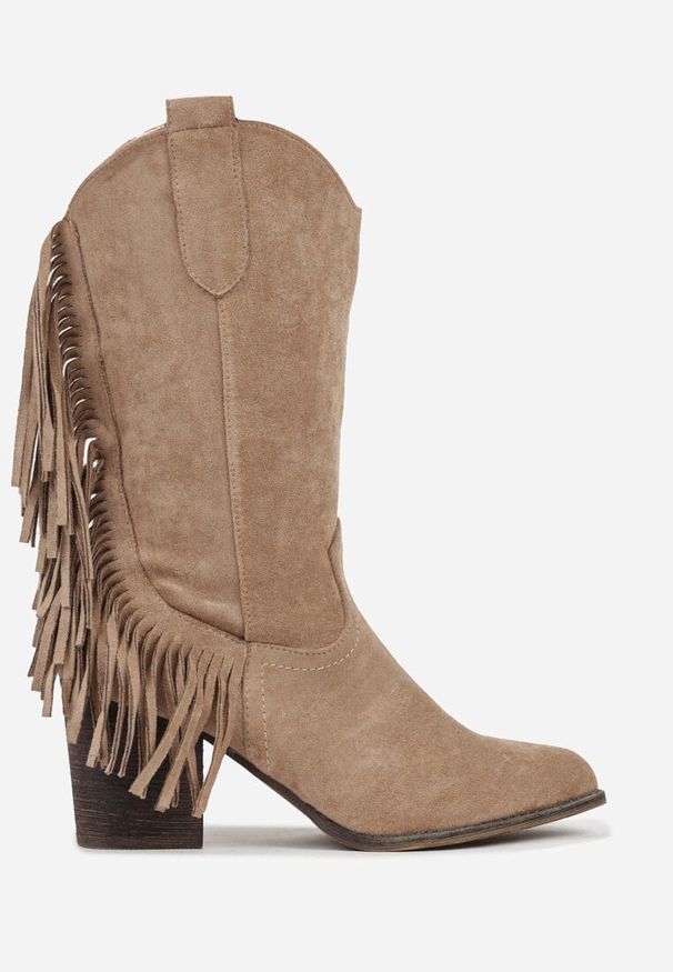 Renee - Beżowe Botki Kowbojki na Stożku z Frędzlami przy Cholewce Reinia. Okazja: na spacer. Kolor: beżowy. Materiał: zamsz, jeans. Szerokość cholewki: normalna. Obcas: na stożku. Styl: boho. Wysokość obcasa: średni