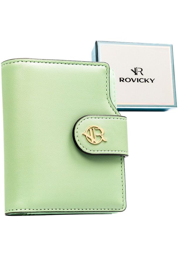 ROVICKY - Pionowy portfel damski ze skóry ekologicznej w zielonym kolorze, zamykany na zatrzask i suwak - Rovicky. Kolor: zielony. Materiał: skóra ekologiczna