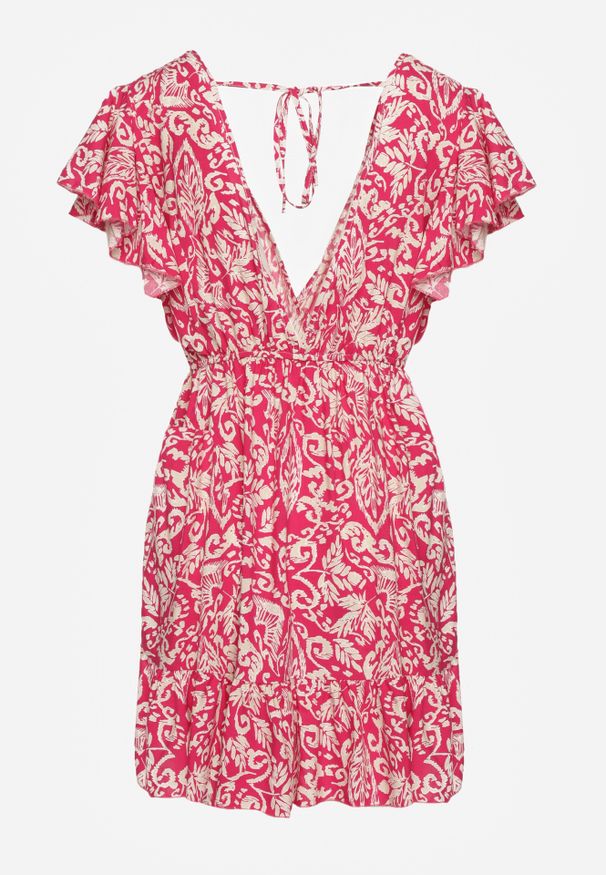 Renee - Fuksjowa Sukienka z Bawełny o Rozkloszowanym Kroju Ozdobiona Falbanami i Gumką w Talii Neliaura. Okazja: na co dzień, na imprezę. Typ kołnierza: dekolt w kształcie V. Kolor: różowy. Materiał: bawełna. Wzór: aplikacja. Sezon: lato. Typ sukienki: proste, rozkloszowane. Styl: elegancki, casual