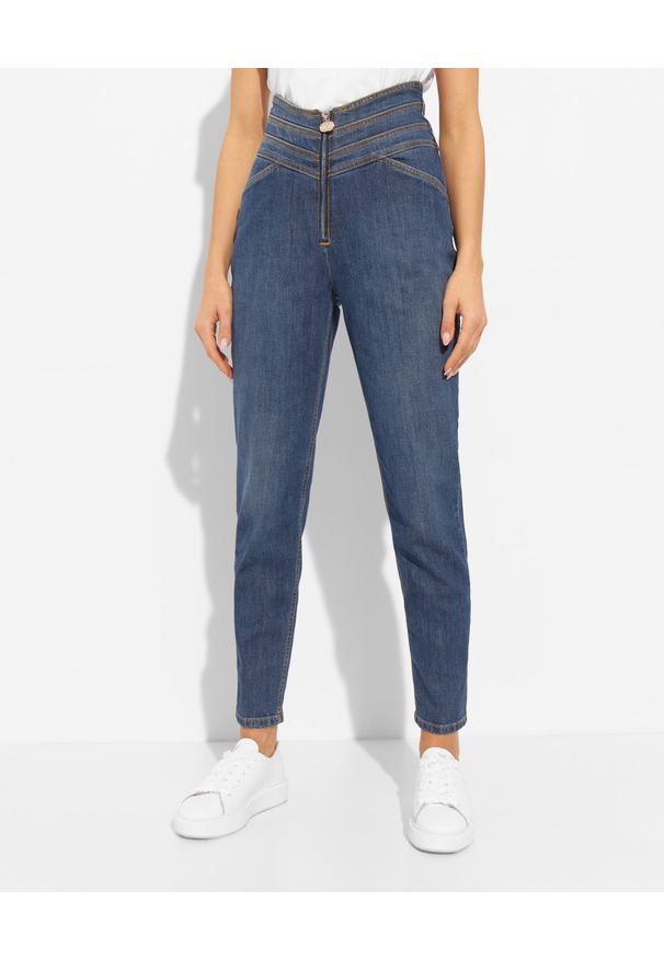 Elisabetta Franchi - ELISABETTA FRANCHI - Granatowe jeansy z wysokim stanem. Stan: podwyższony. Kolor: niebieski. Wzór: haft