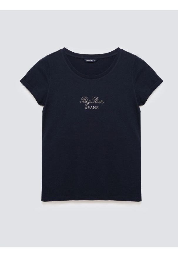 Big-Star - Koszulka damska z napisem z cyrkonii granatowa Malvina 403. Okazja: na co dzień. Kolor: niebieski. Materiał: bawełna, dzianina, jeans. Wzór: napisy. Styl: casual, elegancki, klasyczny