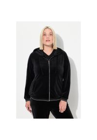 ULLA POPKEN - Damskie Aksamitna bluza dresowa kwiat kaptur mankiety z błyszczącymi paskami. Kolekcja: plus size. Kolor: czarny. Materiał: materiał, poliester, elastan. Wzór: kwiaty #1