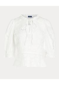 Ralph Lauren - RALPH LAUREN - Lniana bluzka z ażurowymi zdobieniami. Typ kołnierza: polo. Kolor: biały. Materiał: len. Wzór: aplikacja, ażurowy #2