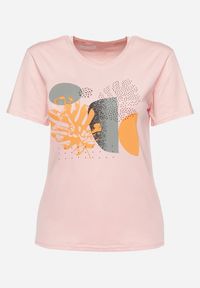 Born2be - Jasnoróżowy Bawełniany T-shirt z Nadrukiem i Cyrkoniami Tiimauni. Okazja: na co dzień. Kolor: różowy. Materiał: bawełna. Wzór: nadruk. Styl: casual, klasyczny