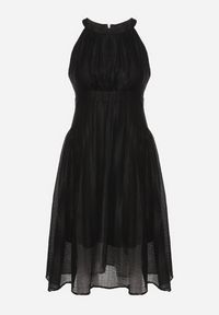 Born2be - Czarna Rozkloszowana Sukienka z Tłoczonej Tkaniny z Wiązaniem z Tyłu Nimioretta. Okazja: na wesele, na imprezę, na ślub cywilny. Kolor: czarny. Materiał: tkanina. Wzór: aplikacja. Typ sukienki: rozkloszowane. Styl: elegancki #4