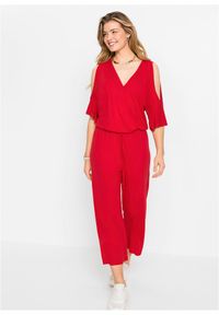 bonprix - Kombinezon z dżerseju z lejącej wiskozy. Kolor: czerwony. Materiał: jersey, wiskoza. Wzór: aplikacja #1