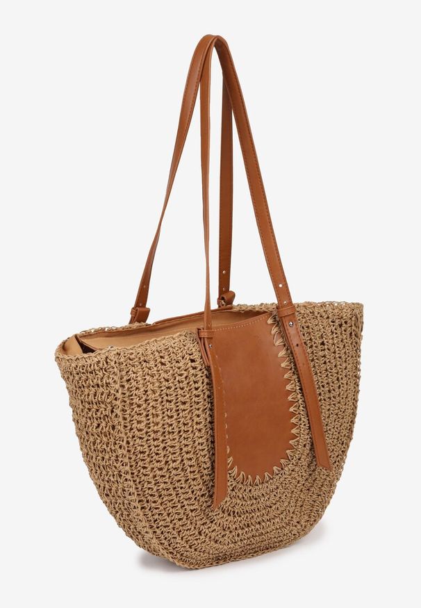 Born2be - Ciemnobeżowa Plażowa Torebka Typu Shopper z Ozdobnej Plecionki z Dwoma Regulowanymi Paskami Karsaia. Kolor: beżowy. Wzór: paski