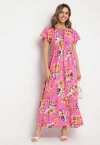 Born2be - Fuksjowa Sukienka w Kwiaty z Gumką w Talii i Hiszpańskim Dekoltem Devoris. Okazja: na co dzień, na imprezę, na spacer. Kolor: różowy. Wzór: kwiaty. Sezon: lato. Styl: casual, elegancki #6